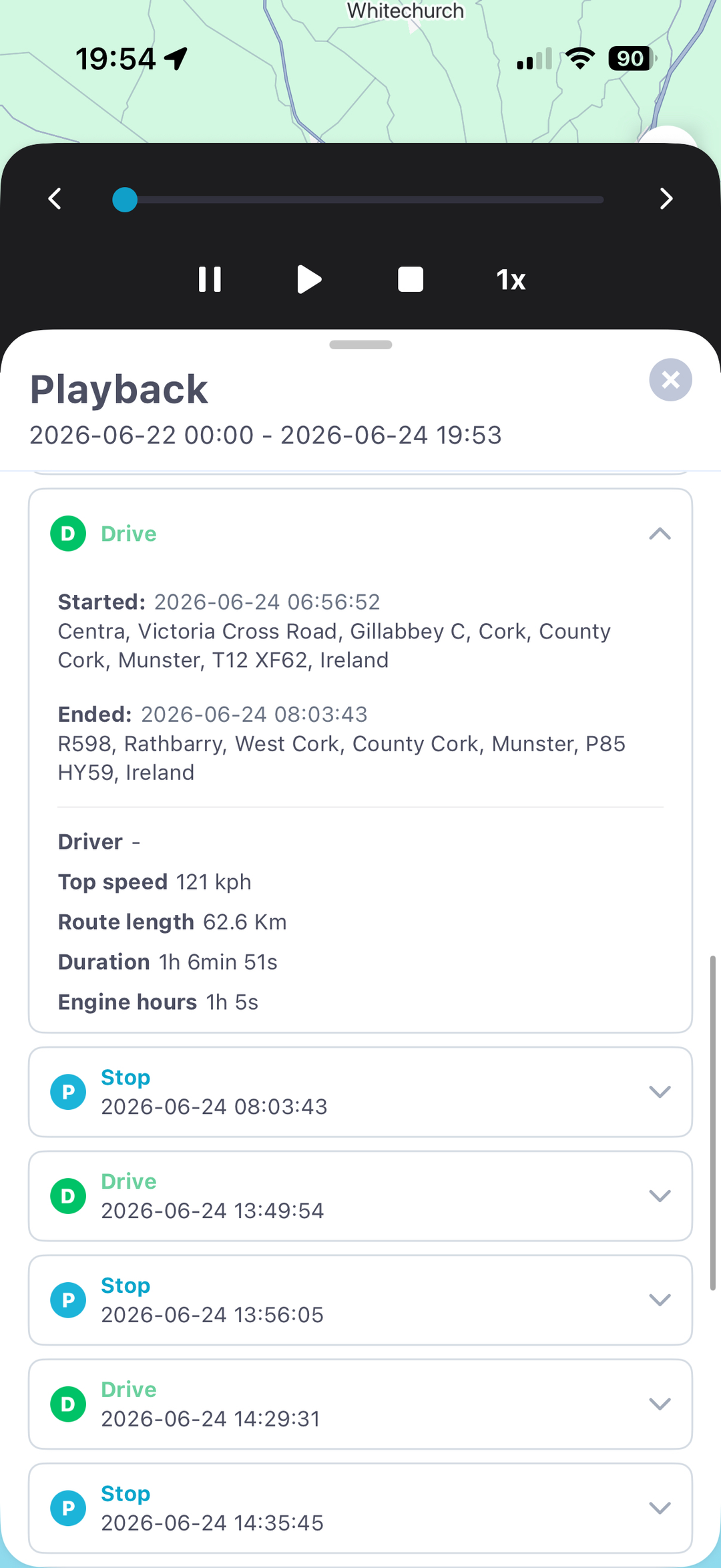 Traxsit tracking app trip playback showing drive and stop history with route length, top speed and duration