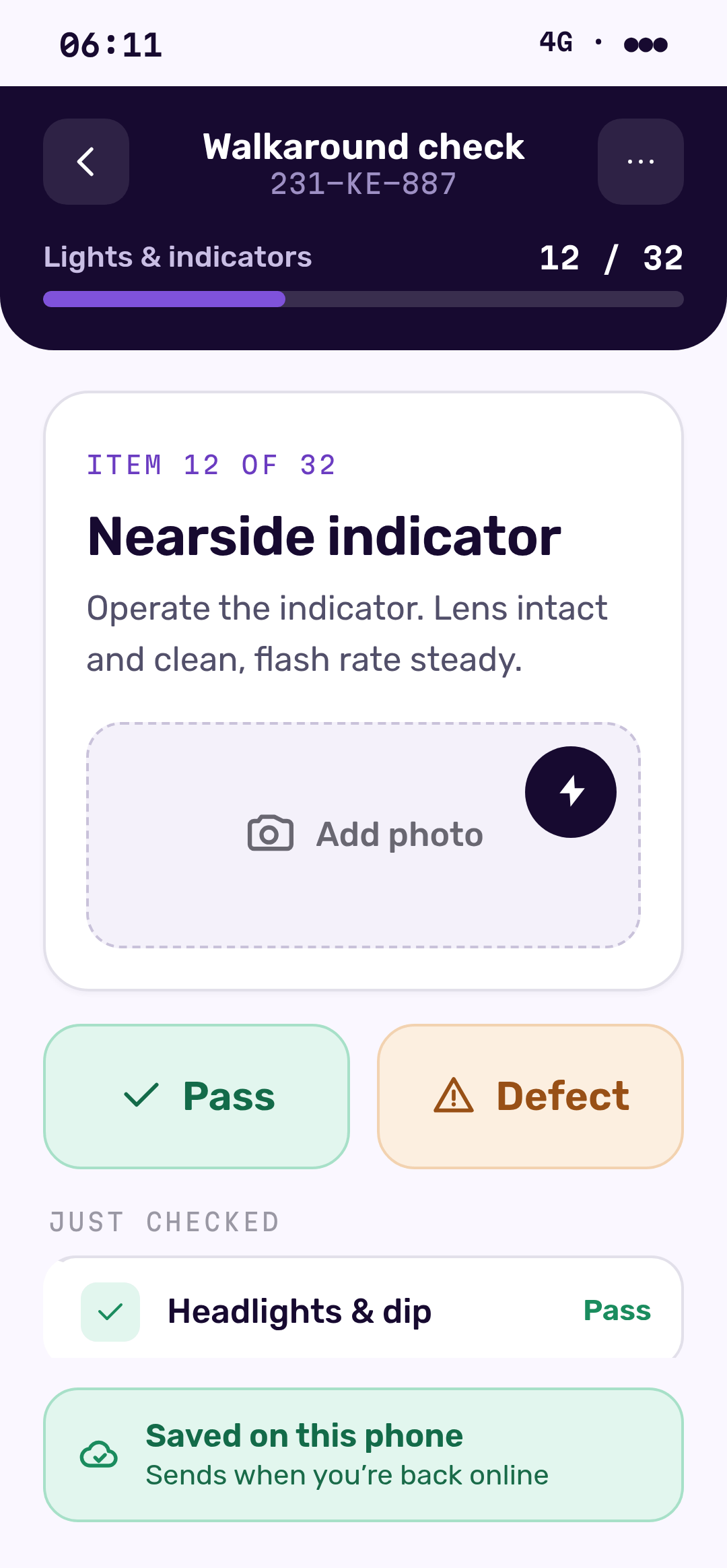 Guided RSA walkaround checklist in the Traxsit app with a failed item and photo
