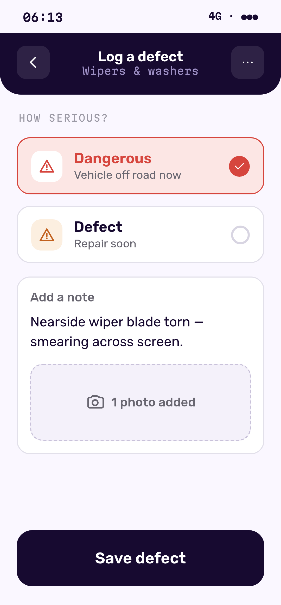 Logging a defect with severity and photo in the Traxsit walkaround app