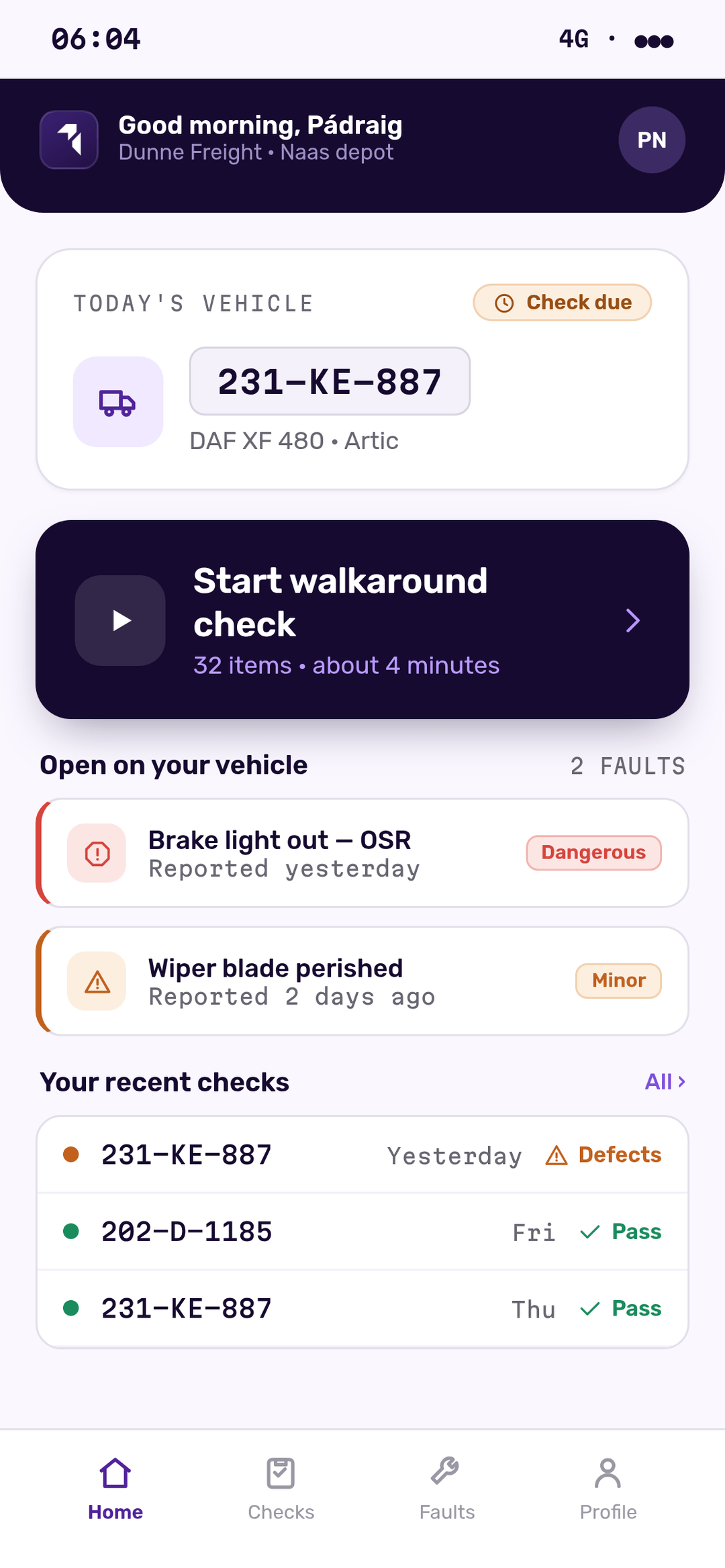 Traxsit driver walkaround app home screen on a phone