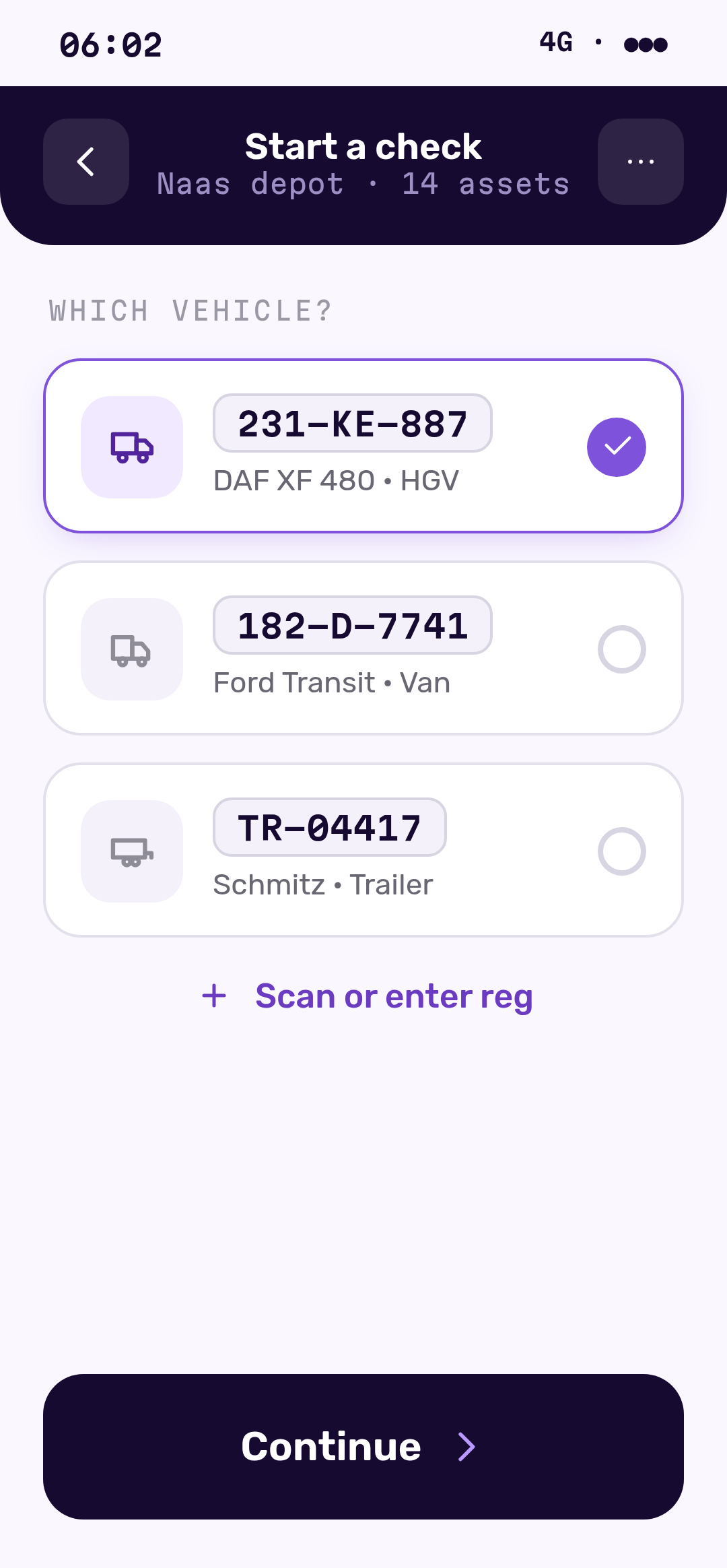 Selecting today's vehicle in the Traxsit walkaround app