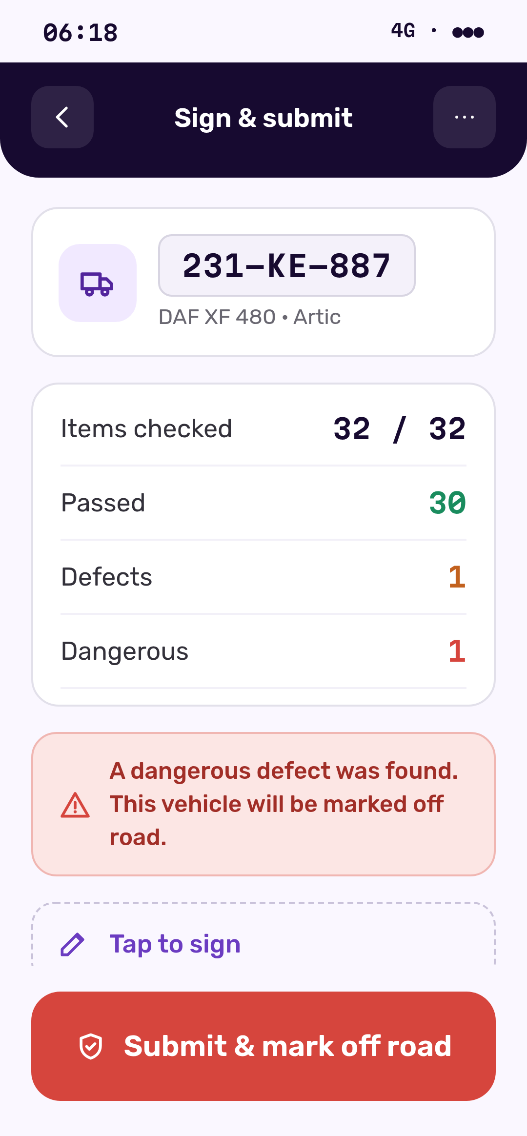 Signing and submitting a completed walkaround in the Traxsit app