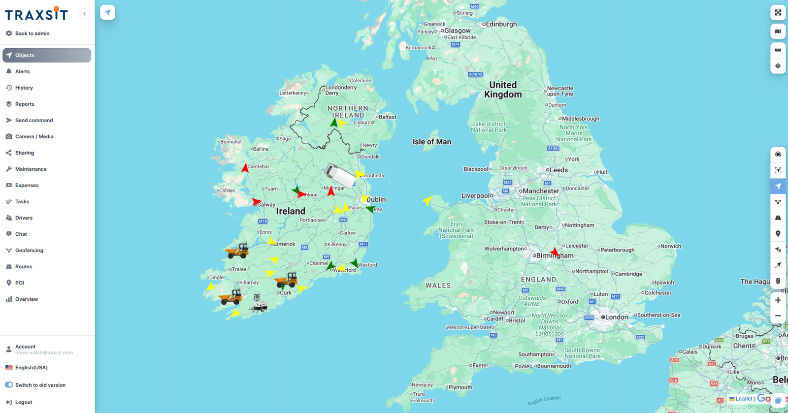 Traxsit live map showing a mixed Irish fleet across Ireland and the UK