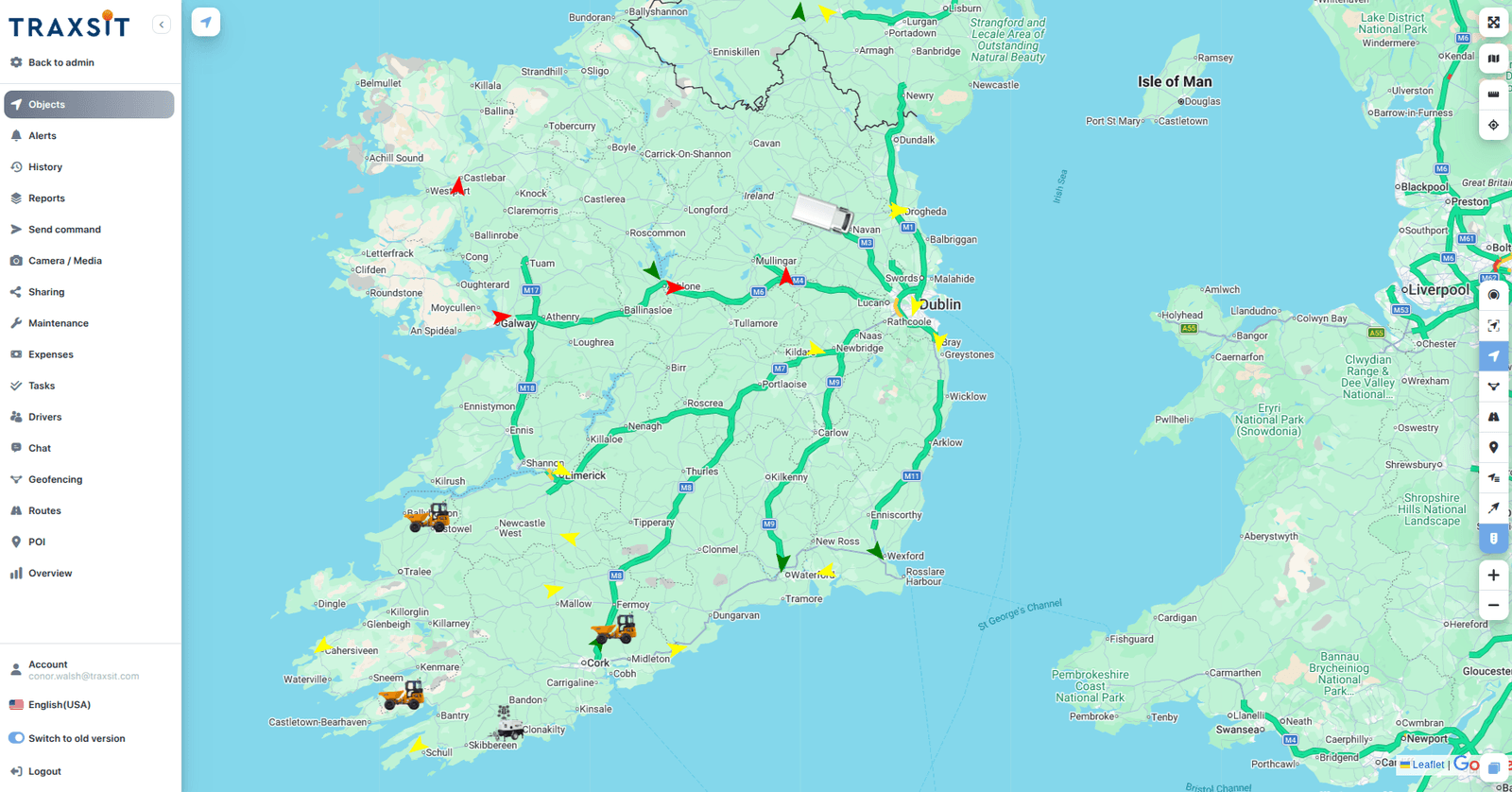 Traxsit live fleet-tracking map of Ireland with vehicle routes and asset markers